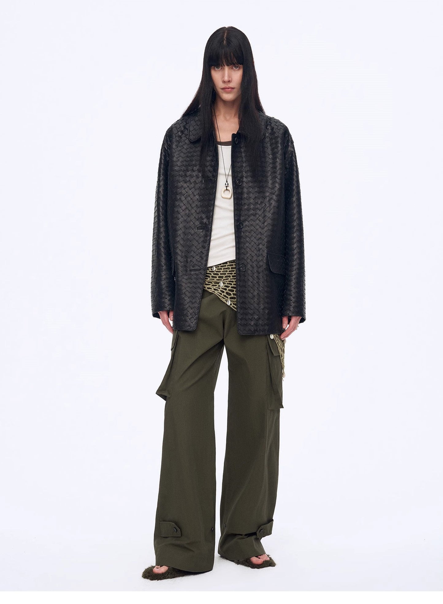 "Rembrandt Night" New Zealand imported lambskin perforated woven leather jacket spring