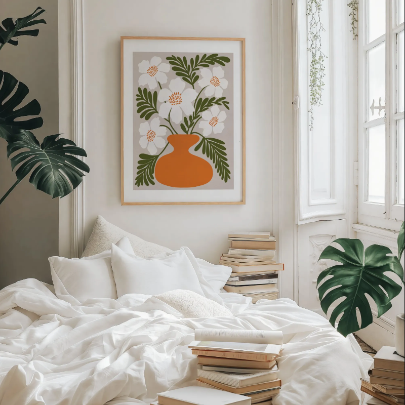Grafisk Retro Blomsterposter – Vita Vallmoblommor, Orange Vas och Gröna Blad