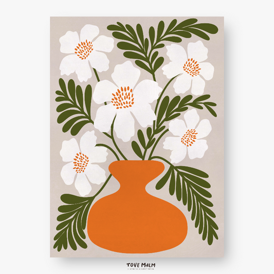 Grafisk Retro Blomsterposter – Vita Vallmoblommor, Orange Vas och Gröna Blad