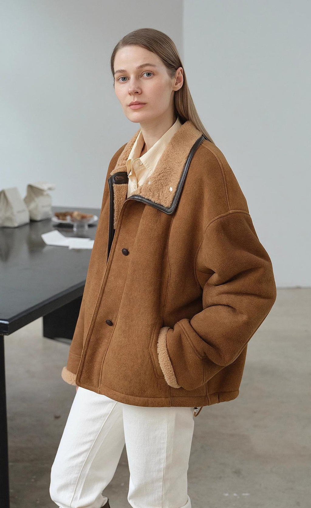 Merino wool sheepskin coat with fur-faced stand-up collar