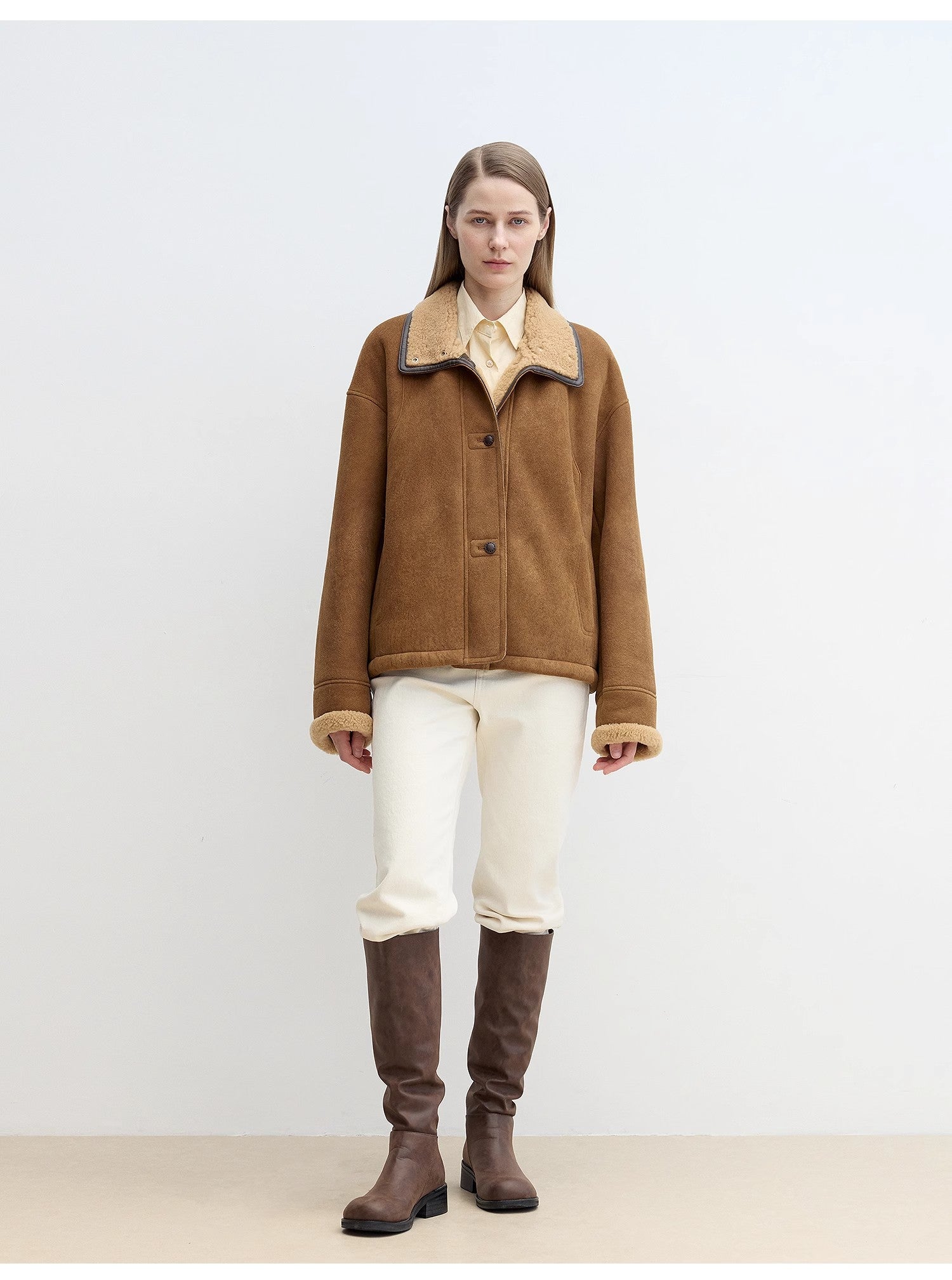 Merino wool sheepskin coat with fur-faced stand-up collar