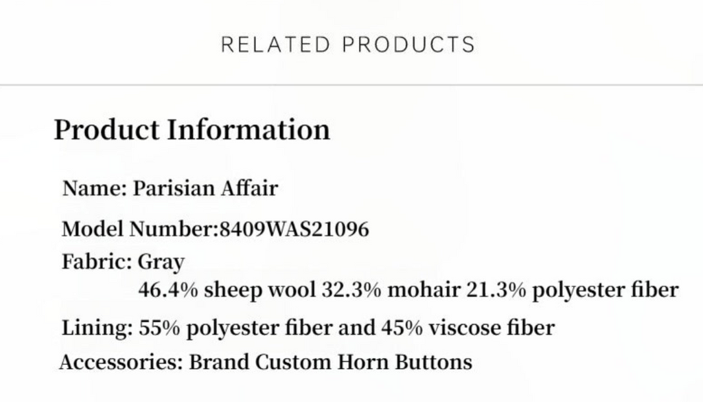 Product information for 'Parisian Affair' with fabric details and accessories listed.
