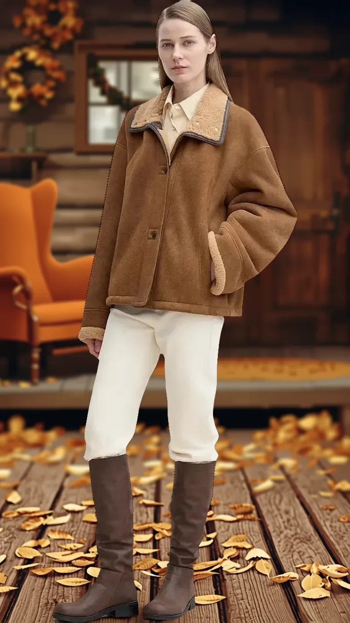 Merino wool sheepskin coat with fur-faced stand-up collar