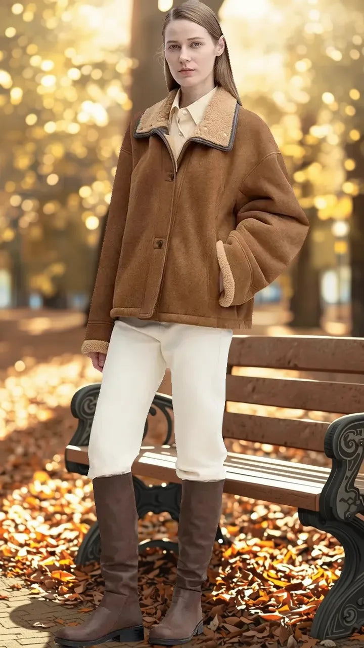 Merino wool sheepskin coat with fur-faced stand-up collar