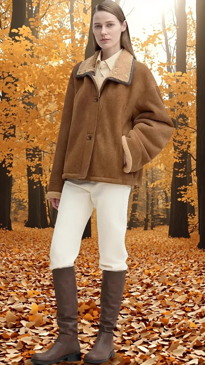 Merino wool sheepskin coat with fur-faced stand-up collar