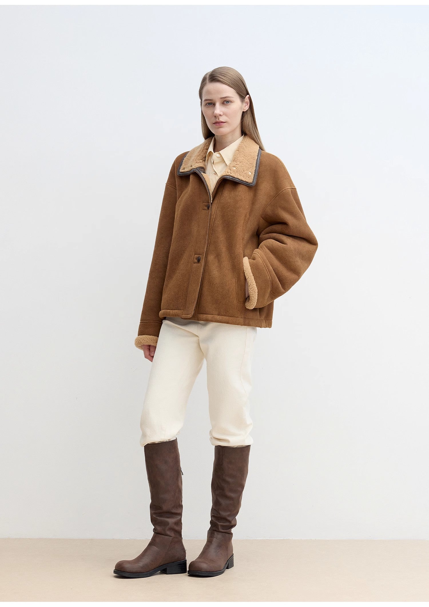 Merino wool sheepskin coat with fur-faced stand-up collar