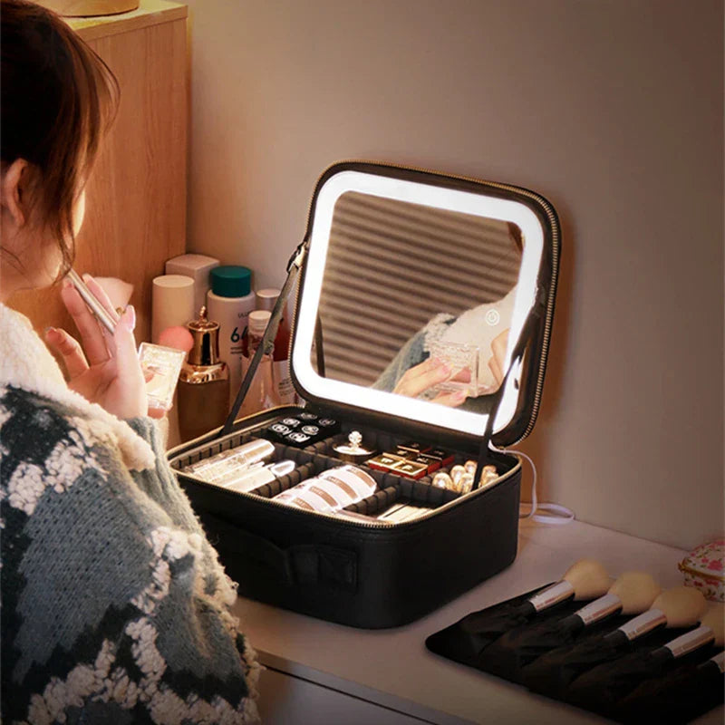 Trousse de toilette avec lumière LED et miroir pleine page
