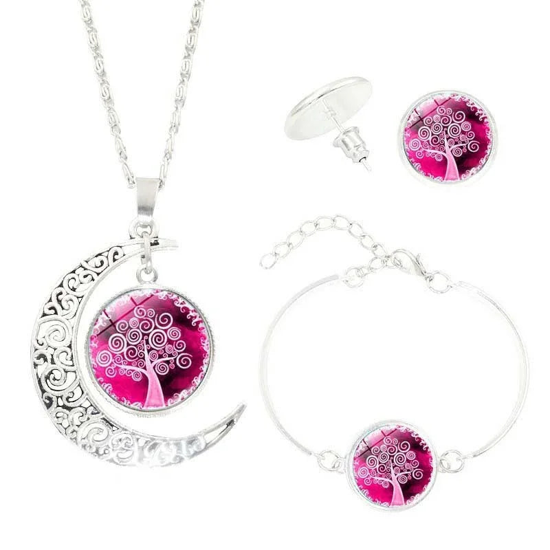 Tree of Life Time Gemstone Earrings Bracelet Jewelry Necklace Set