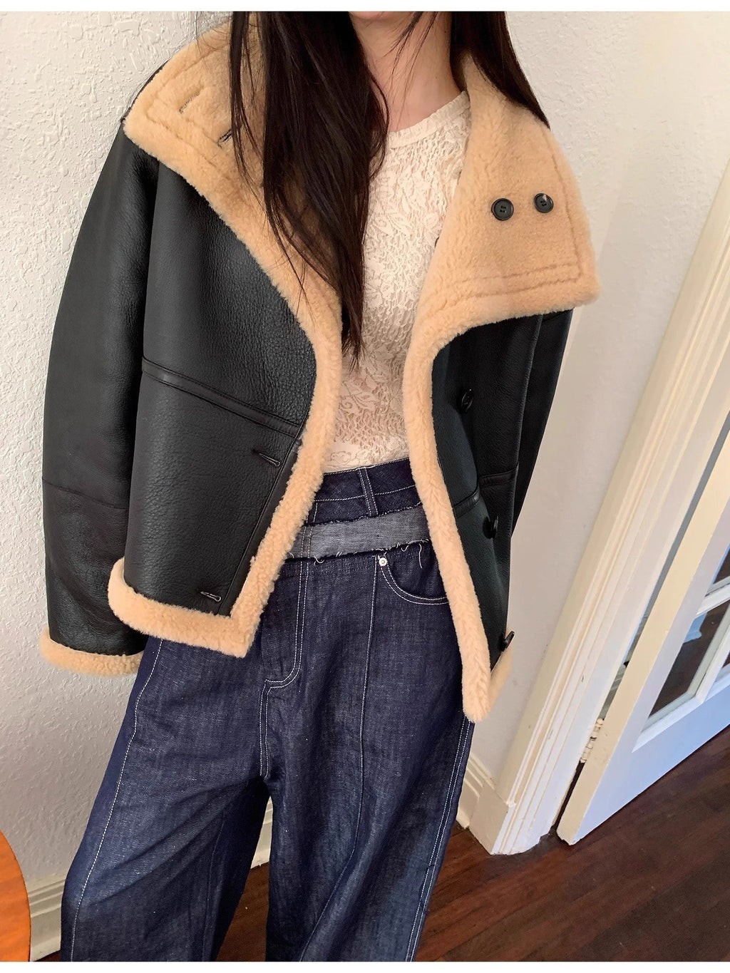 "Corner Coffee" Merino wool sheepskin stand-up collar motorcycle reversible young fur coat for women