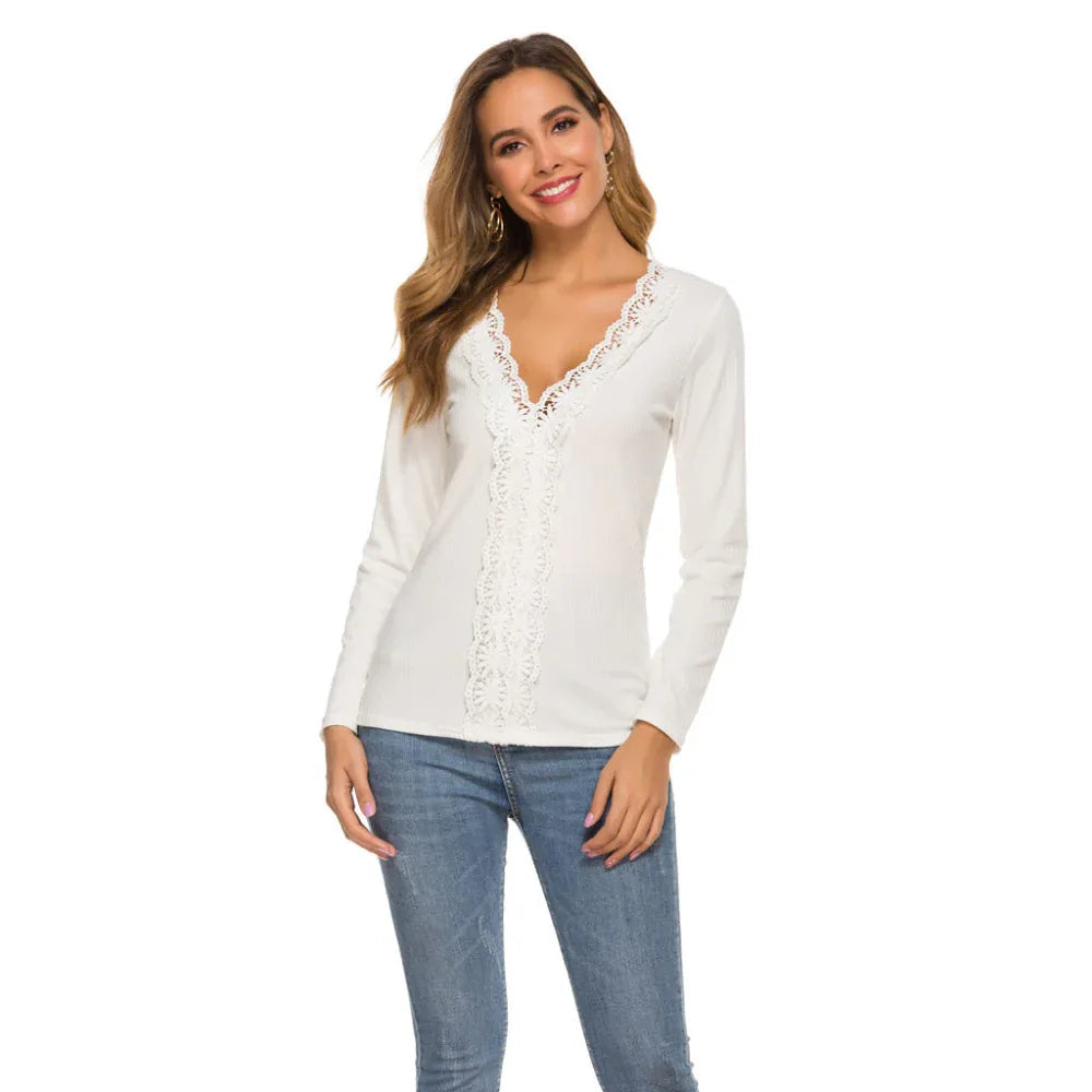 Lace Long Sleeve Sweater Bottoming Shirt Women's Slim Stretch Top