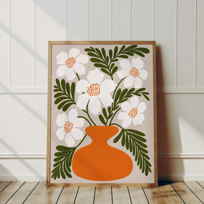 Grafisk Retro Blomsterposter – Vita Vallmoblommor, Orange Vas och Gröna Blad