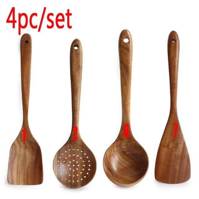 Ensemble d'ustensiles en bois de teck fait à la main