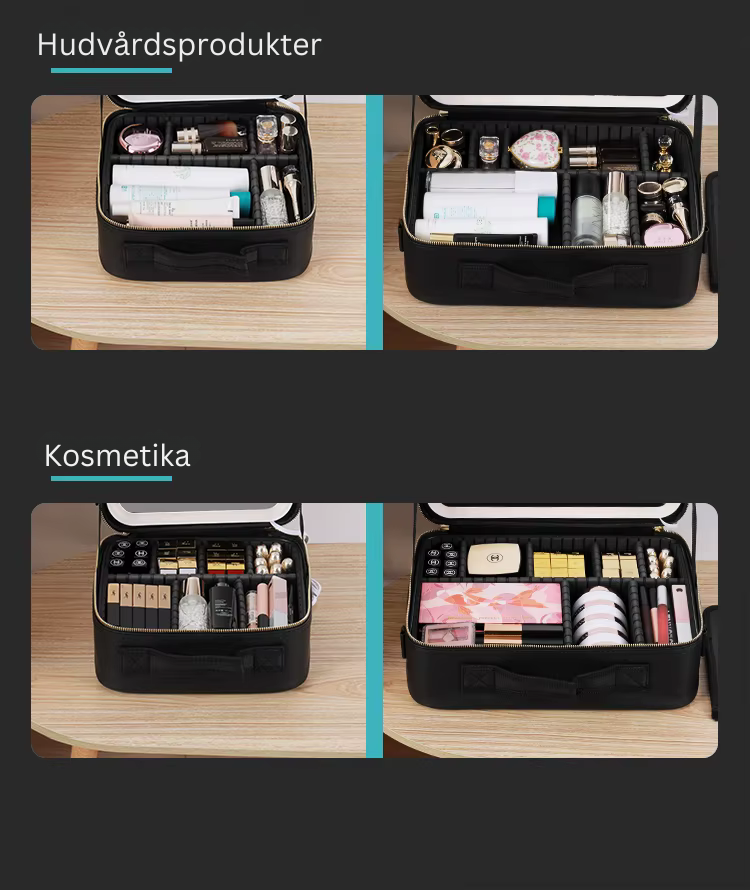 Sminkväska med spegel &amp; LED – Rymlig maquillageväska för resa (Small/Large)