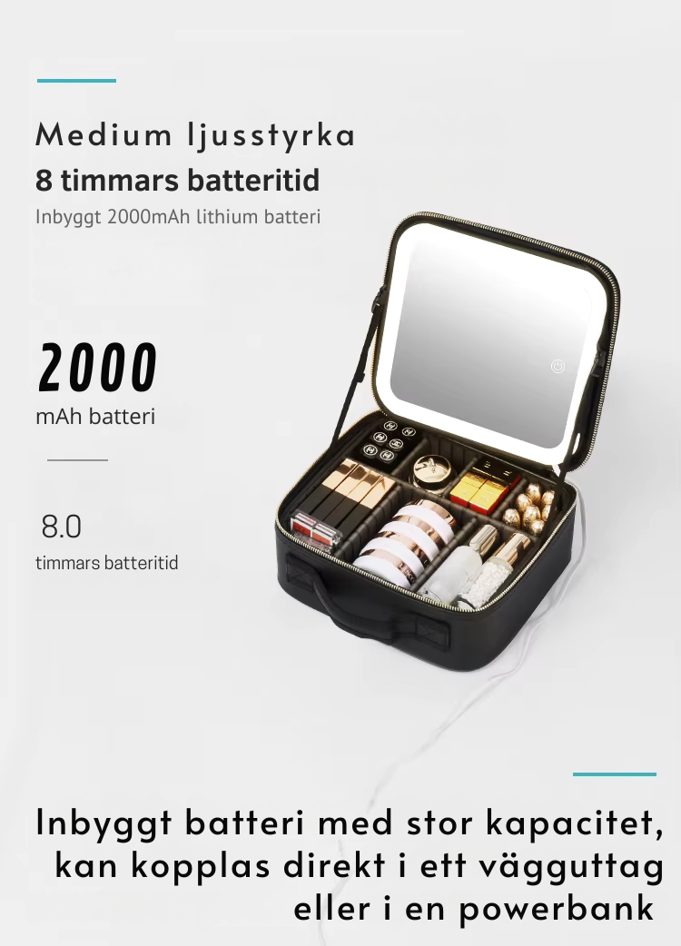 Sminkväska med spegel &amp; LED – Rymlig maquillageväska för resa (Small/Large)