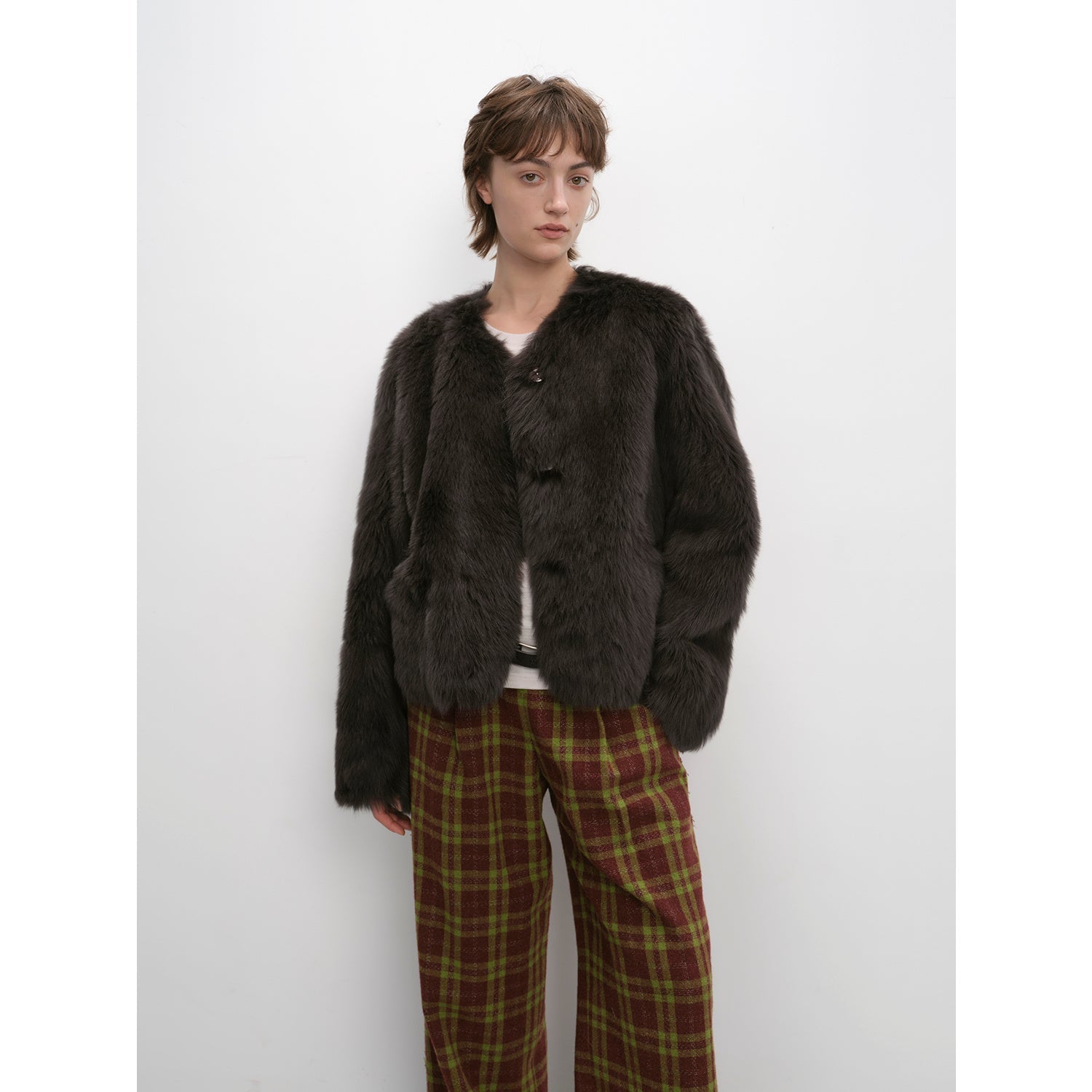 "Darcy Manor" imported Tuscan straight wool sheepskin sweetheart collar short fur coat