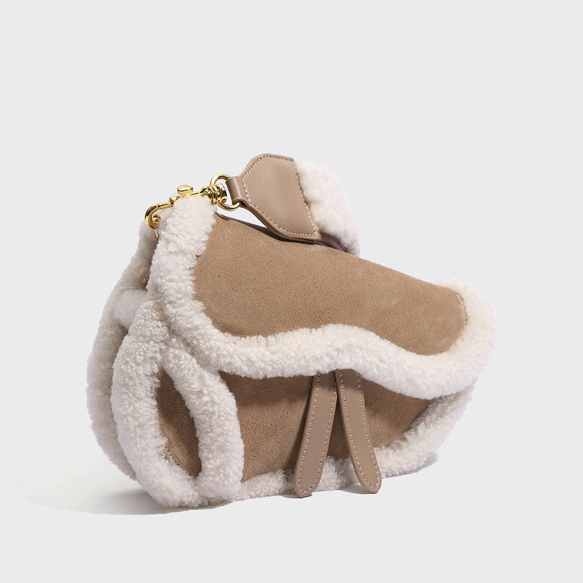 Apricot Beige Furry Saddle Shoulder Bag-2