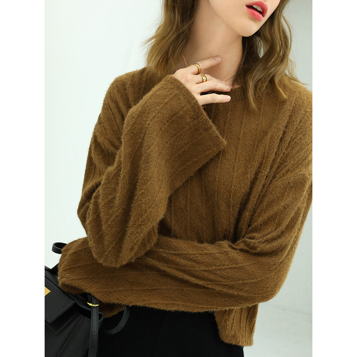 Baggy Trumpet Sleeved Textured Stripe Knit Top-2