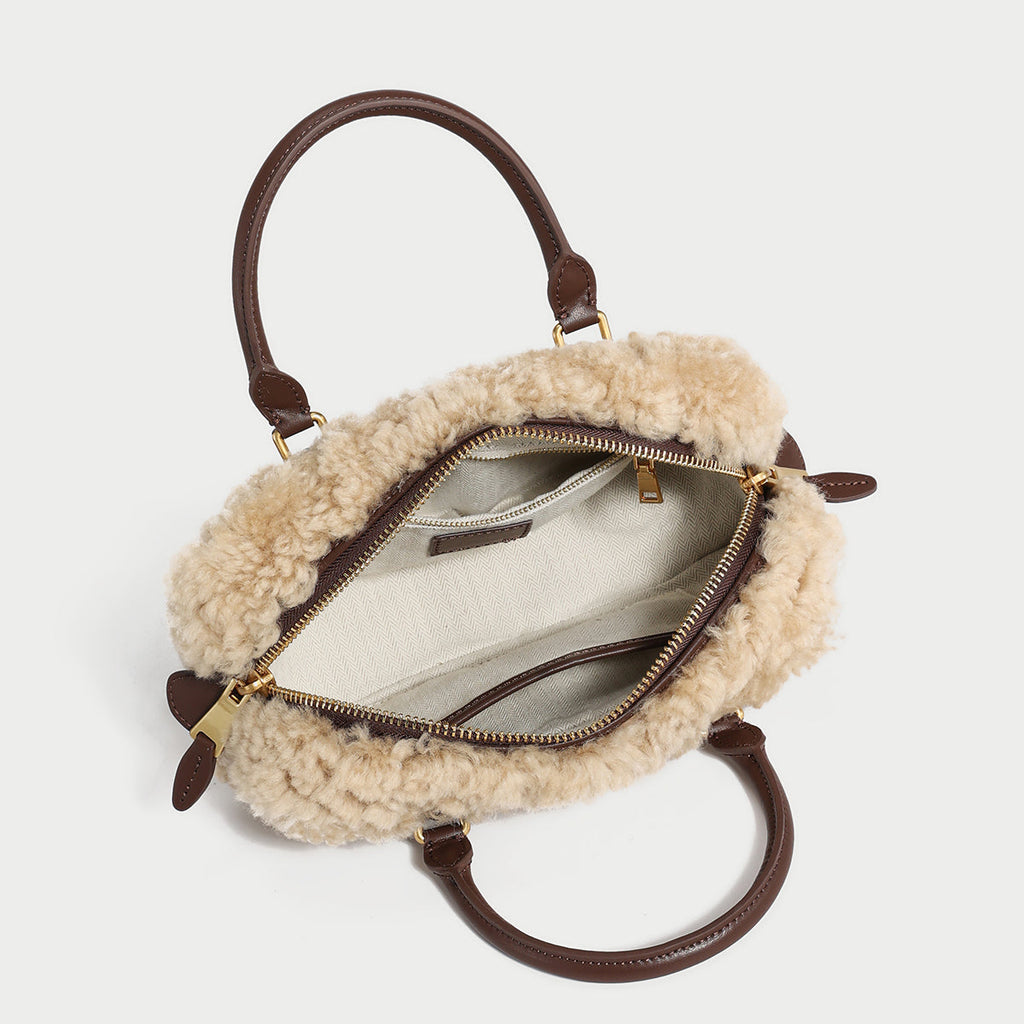 Beige Sherpa Fur Trimmed Elongated Top Handle Bag-4