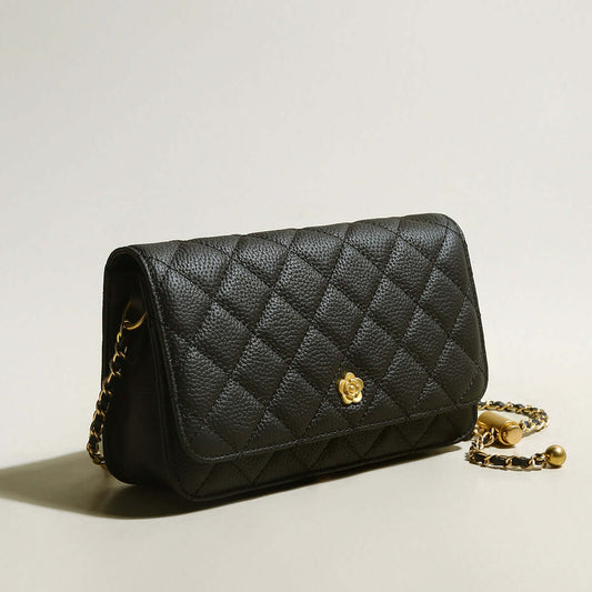 Black Quilted Bag with Golden Cylinder Chain Straps-1
