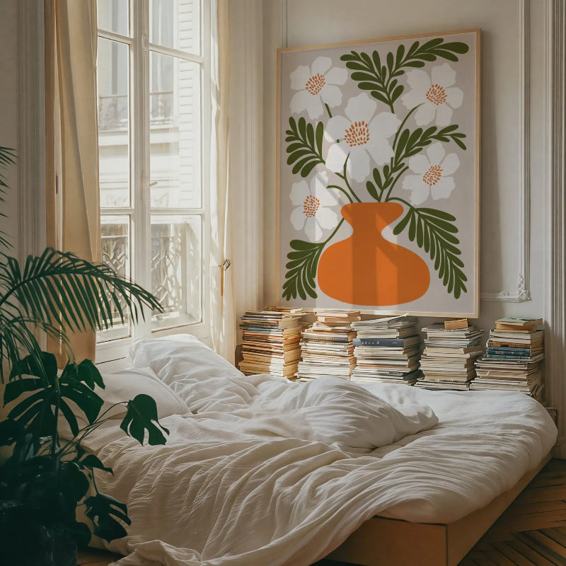 Grafisk Retro Blomsterposter – Vita Vallmoblommor, Orange Vas och Gröna Blad