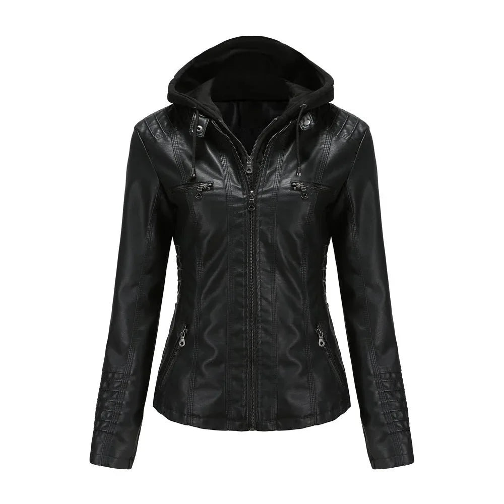 Detachable Two-Piece Hooded Leather Jacket For Women