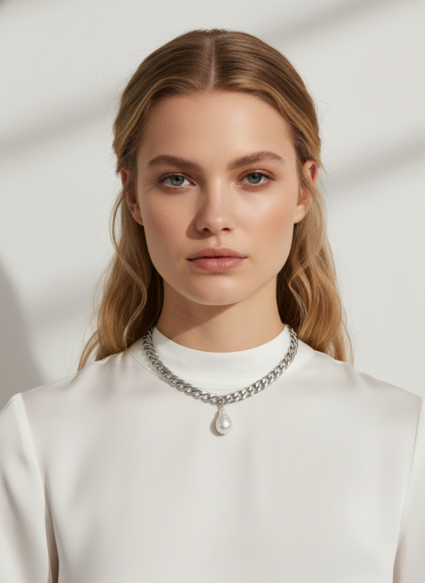 Collier baroque en or blanc et perles