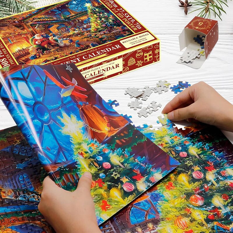 Julpussel Adventskalender – 24 Pussel i Ett Magiskt 1008-Bitars Julpussel