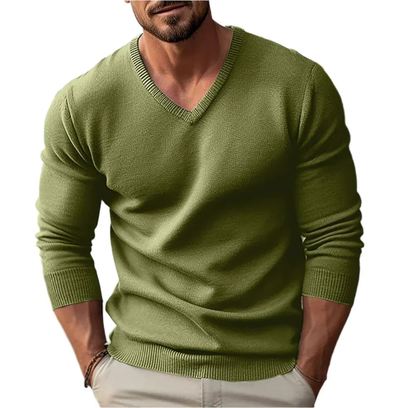 Knitted V-Neck Slim Fit Long Sleeve Sweater For Men