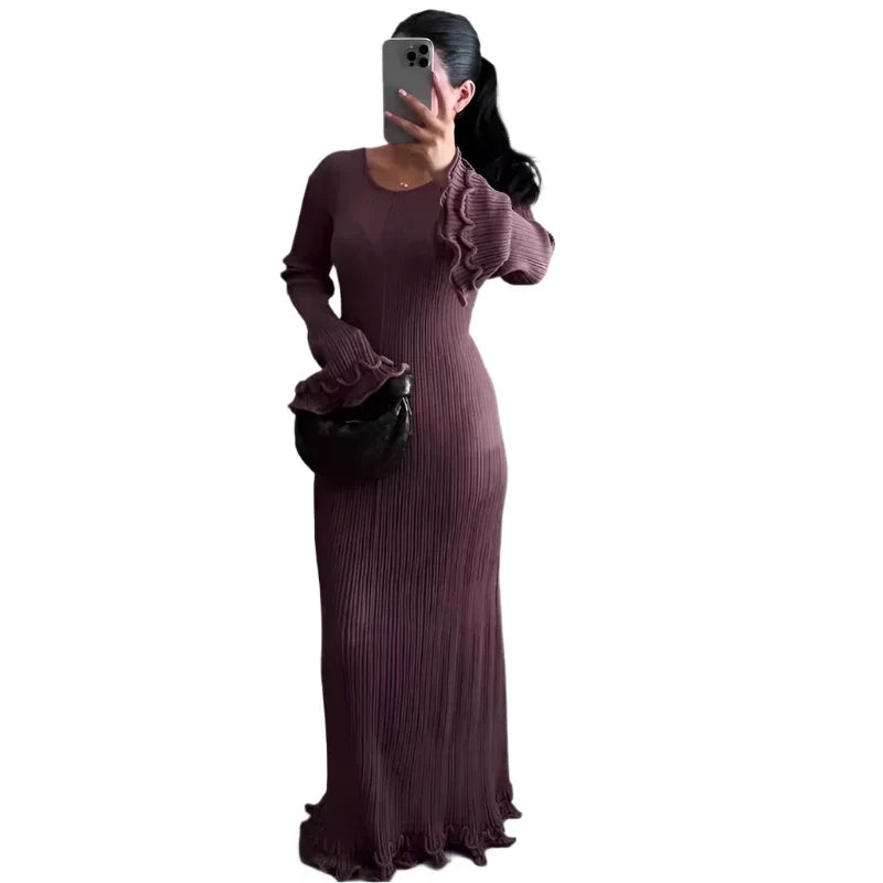 Solid Color Round Neck Long Sleeve Slim Fit Stringy Selvedge Dress