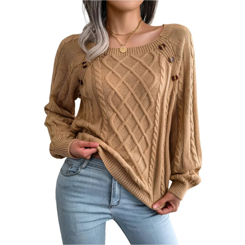 Square Neck Knitted Sweater With Button Design Winter Warm Long Sleeve Tops Women's Clothing