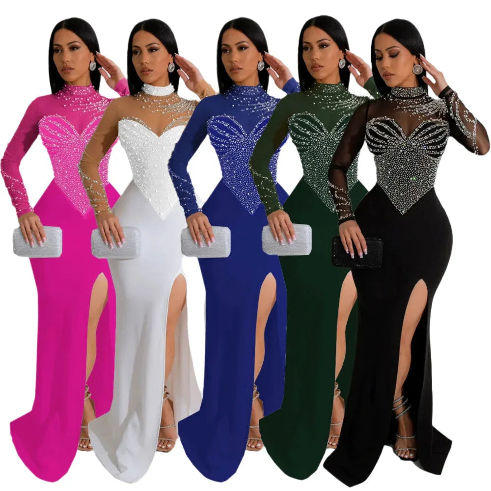 Women's Rhinestone Pearl See-Through Waist-Tight Stretch Split Dress